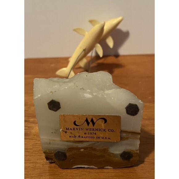 Marvin Wernick Kinetic 2 Dolphins on Wire Statue 1974 Quartz Marble Base Vintage - Picture 7 of 7